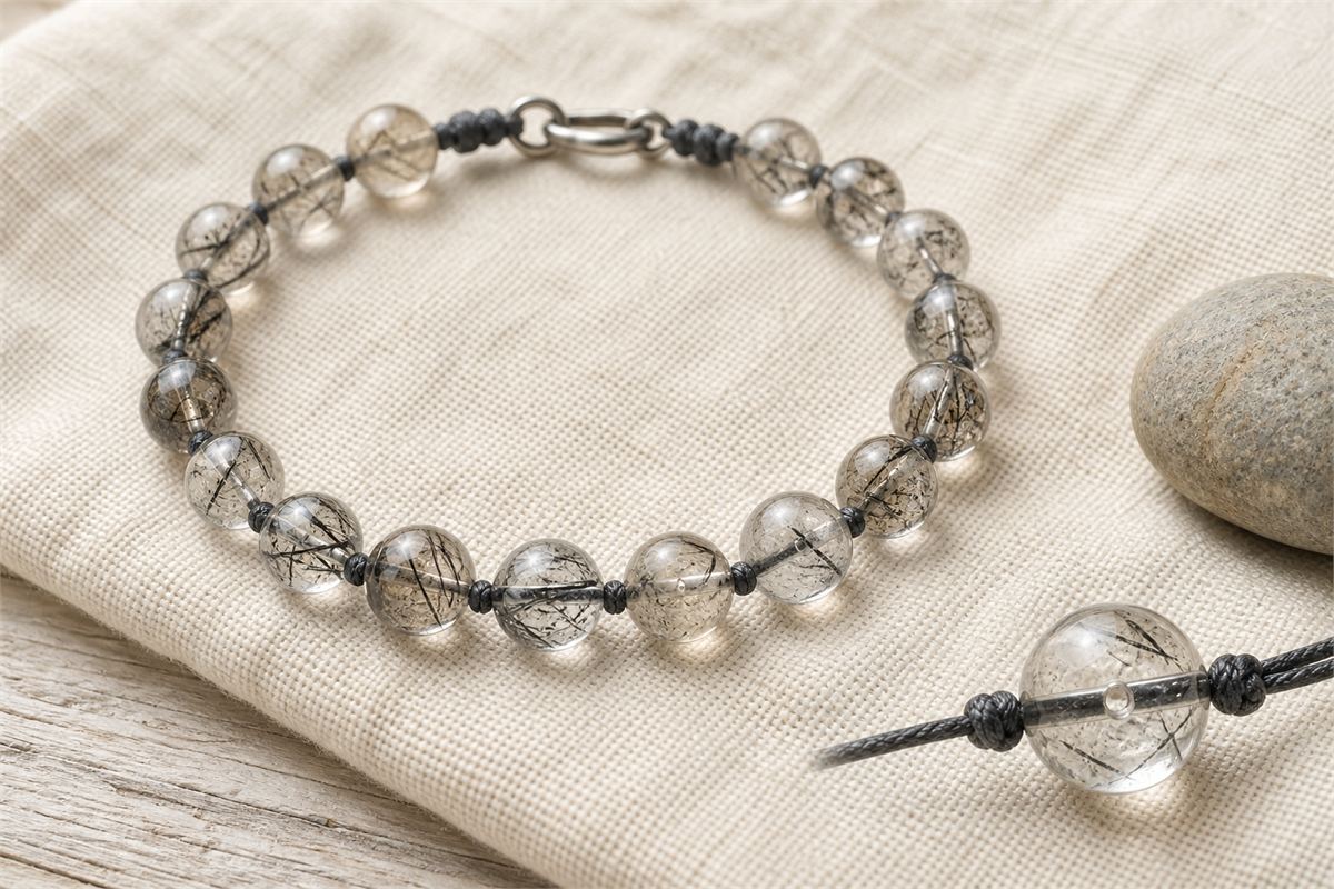 A round included-quartz bead bracelet shows varied needle patterns, charcoal cord, tidy knots, a small clasp, and a visible drilled channel.