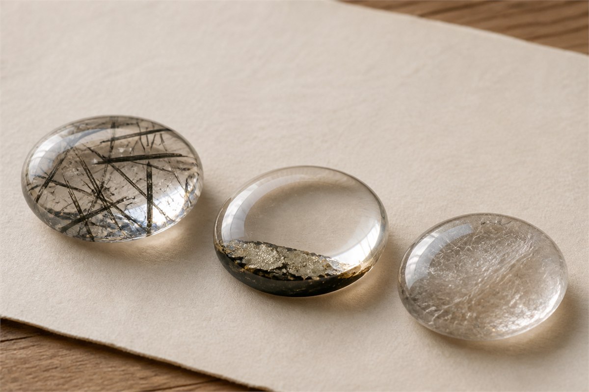 Three transparent cabochons show a deep needle pattern, a flat metallic backing layer, and fine embedded fibers on warm paper.