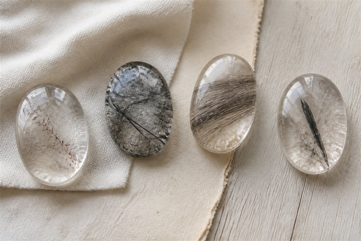Four loose quartz cabochons display sparse, dense, parallel, and single-needle internal compositions on cream fabric.