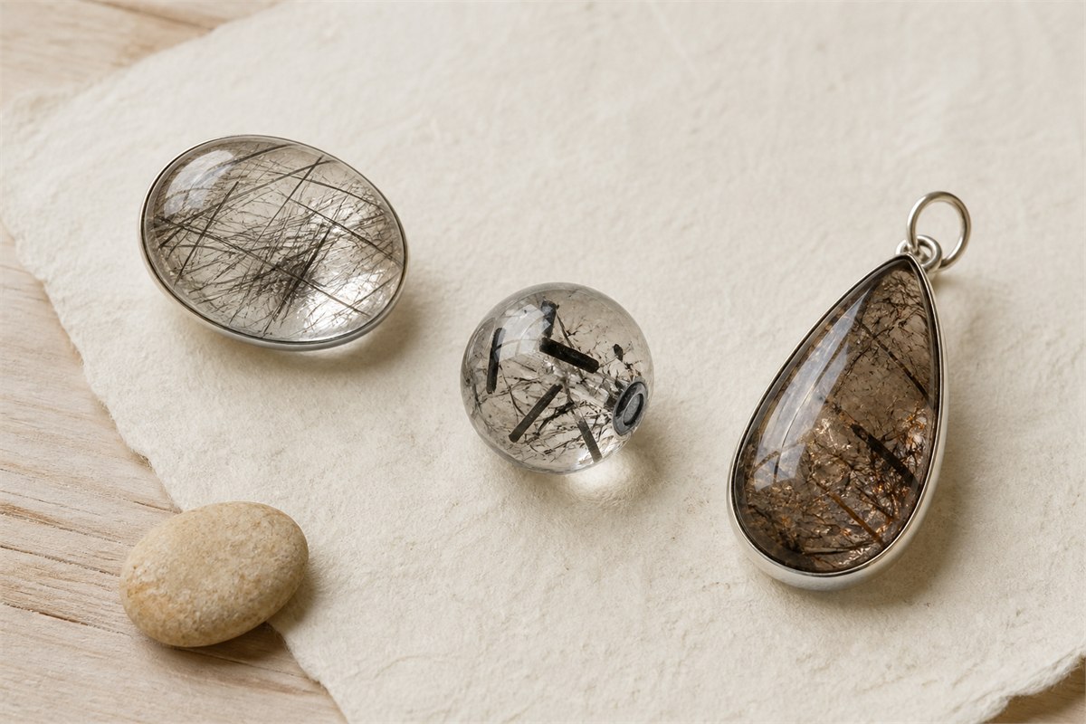 Three included-quartz jewelry objects with fine needles, coarse black rods, and mixed dark copper-toned inclusions on ivory paper.