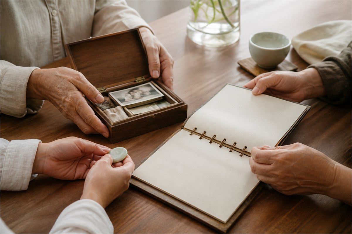 Hands of adults from different generations sharing a keepsake box, blank album, and pale jade token