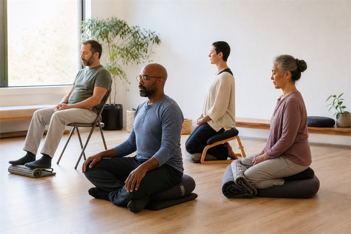 Four adults of varied ages and body types meditating with a chair, cushions, and a kneeling bench