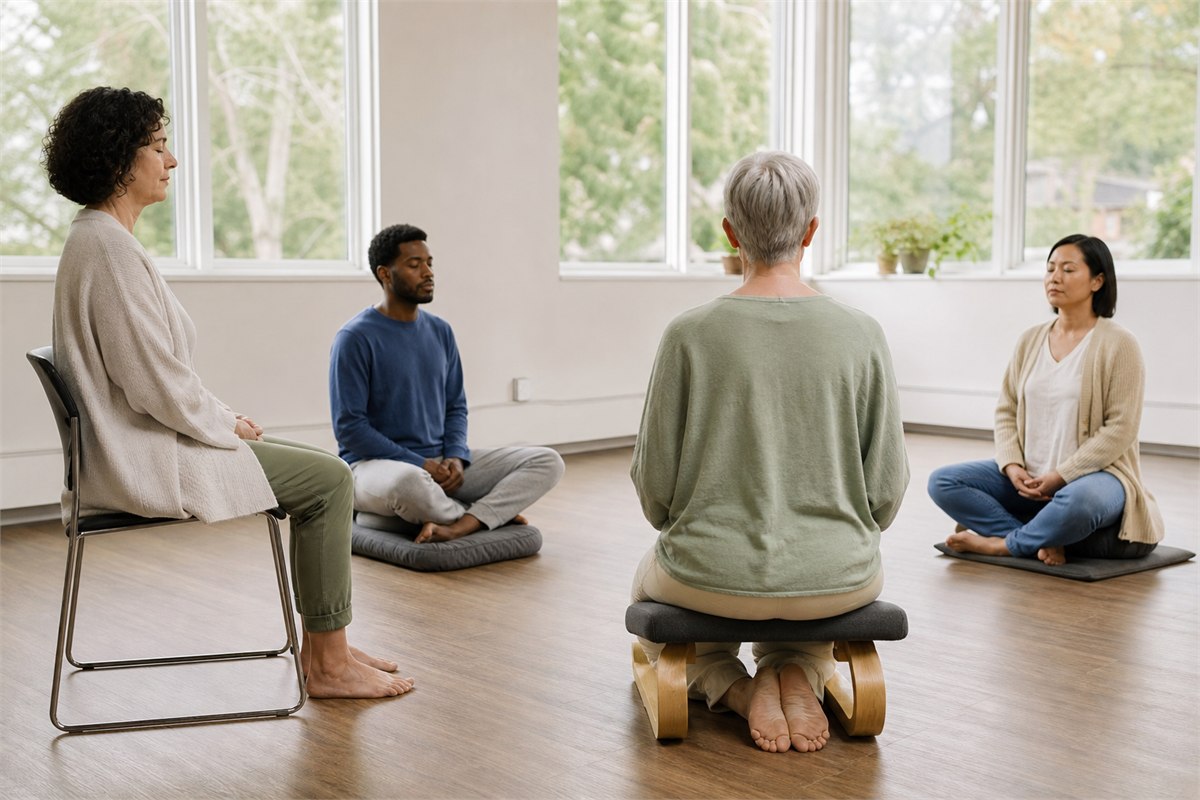 Four adults in a quiet studio using a chair, cushions, and a kneeling bench in varied relaxed clothing