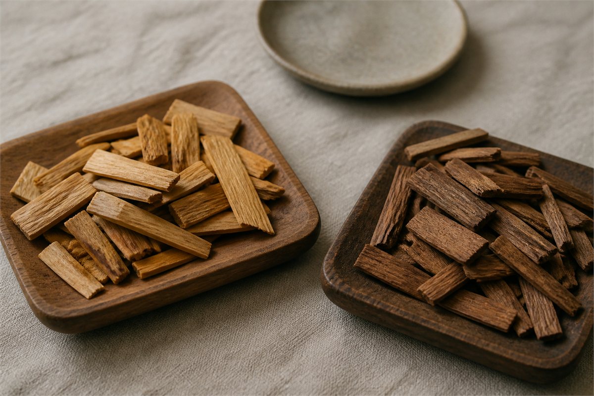 Two separate trays of lighter and darker sandalwood heartwood chips