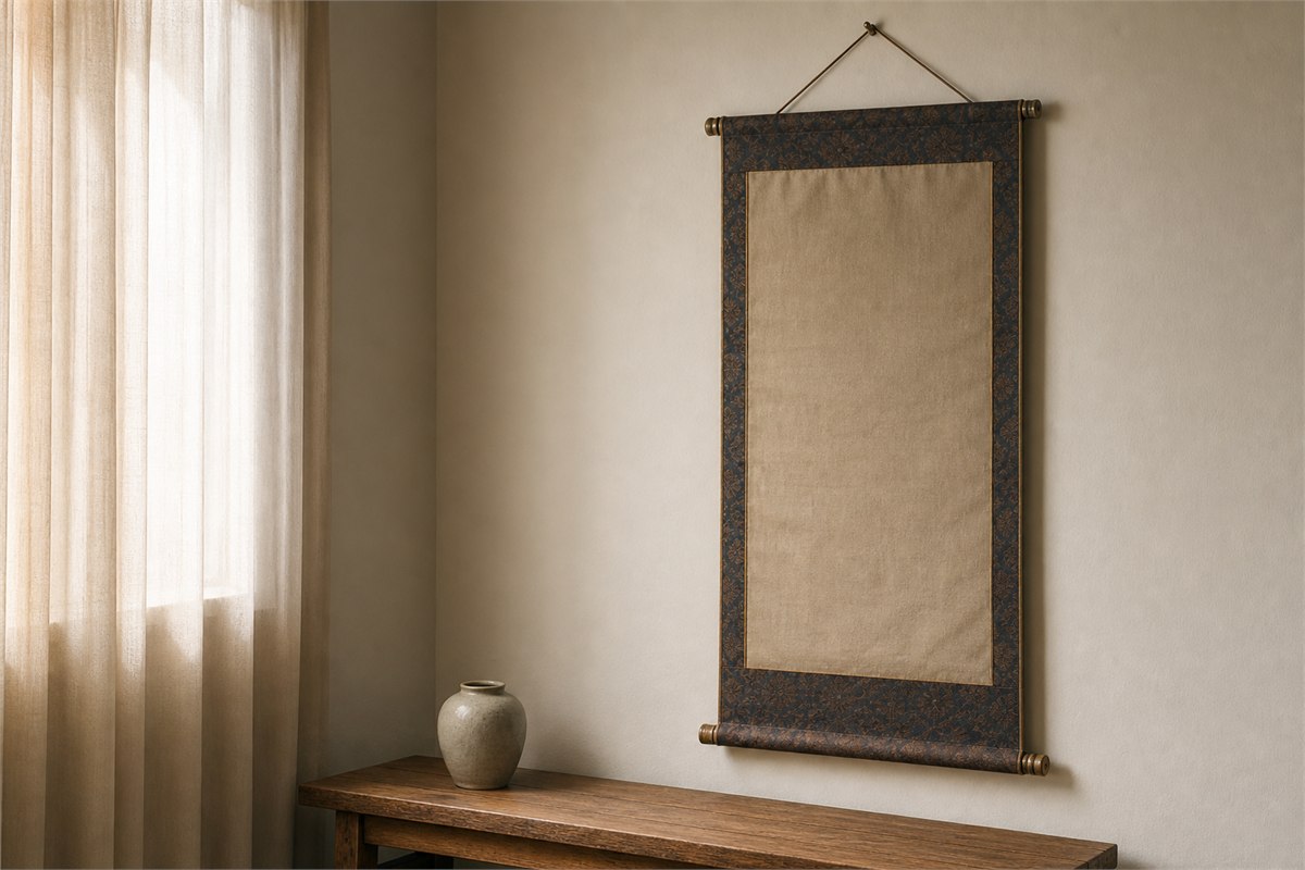 Covered textile scroll hanging evenly on an interior wall beside a softly filtered window