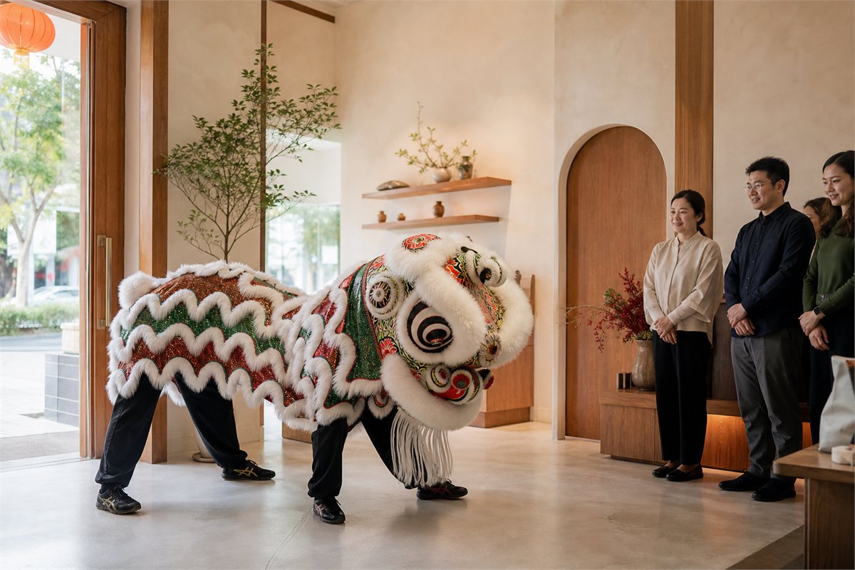 Southern lion dance bowing at a warm indoor opening celebration while guests watch safely