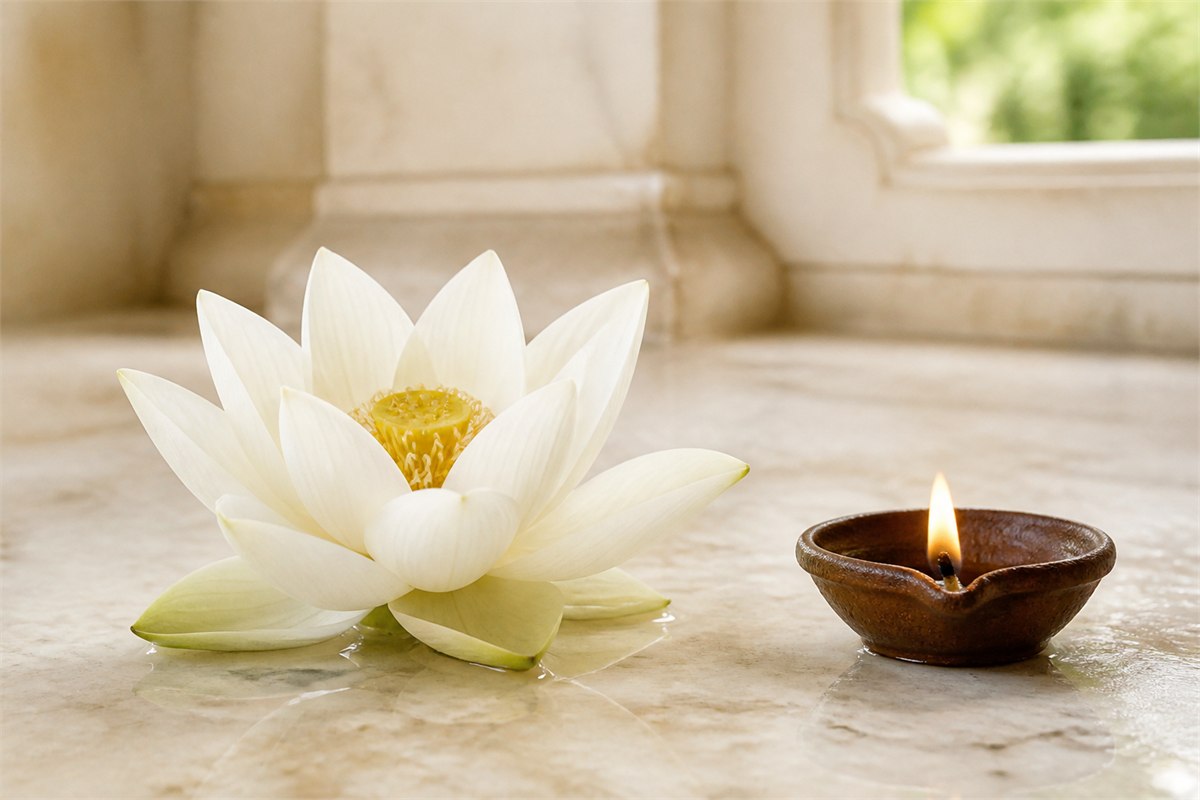 Open white lotus beside a small steady oil lamp on pale stone in soft daylight