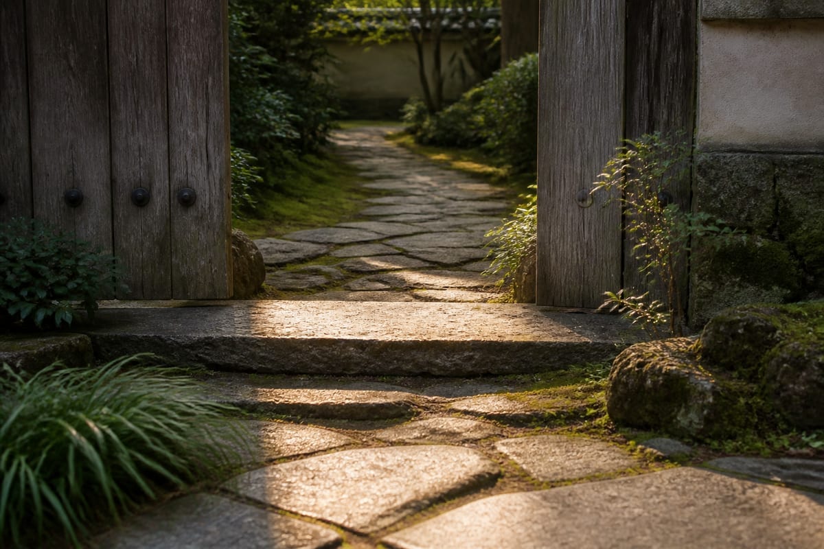 Open wooden doorway leading from a quiet interior into a sunlit stone courtyard