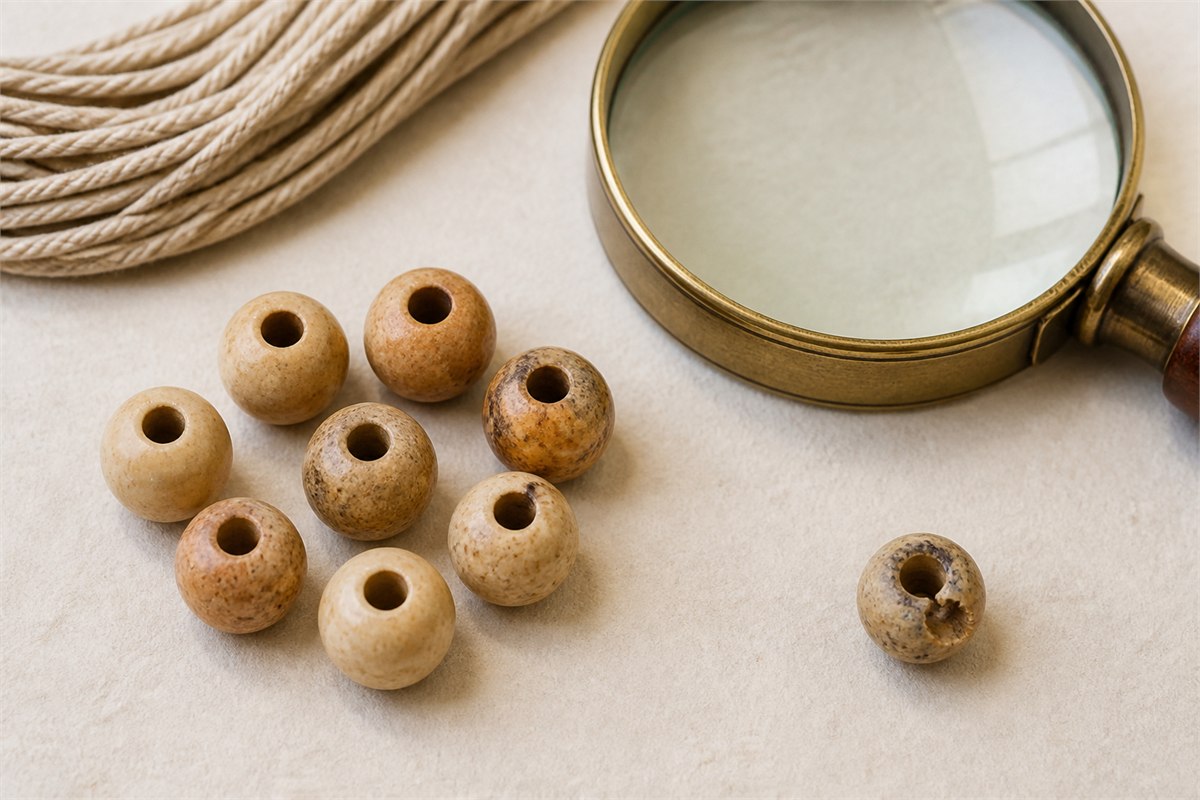 Natural seed beads with clean drilled holes and one chipped bead beside a magnifying glass