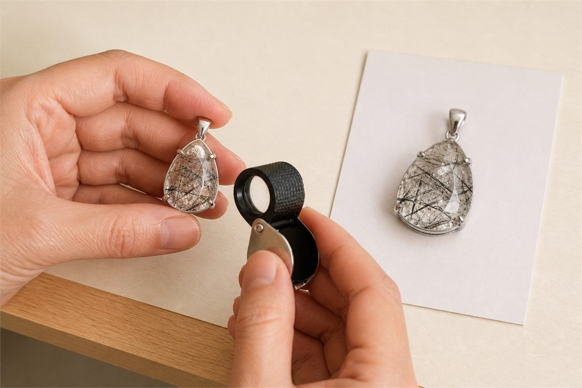 Hands examine the edge and prong setting of an included-quartz pendant with a loupe beside a neutral rotation-view photograph.