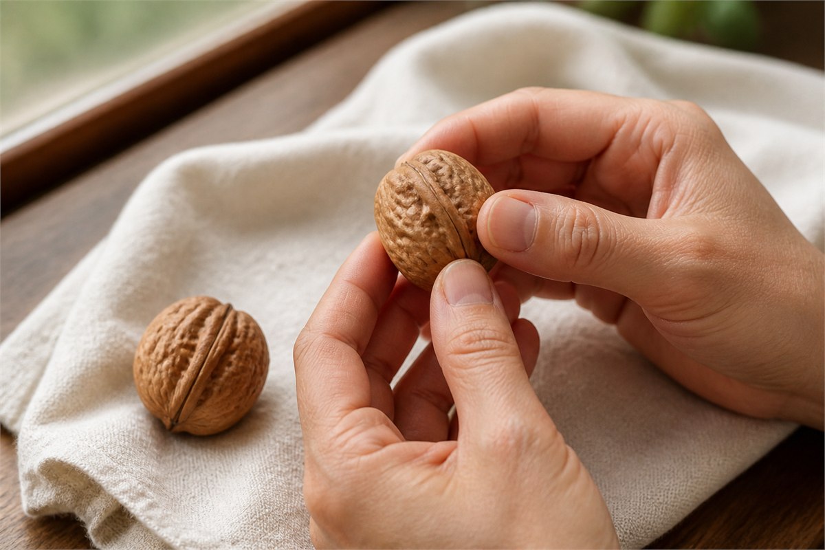 Clean hands turning one walnut to inspect its seam while the matching walnut rests on linen