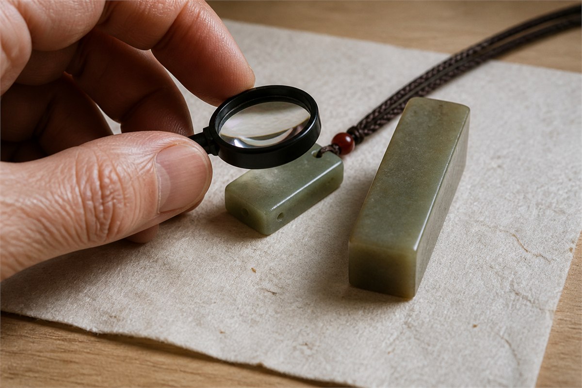 Hand using a loupe to inspect a plain pendant while a working seal face remains hidden