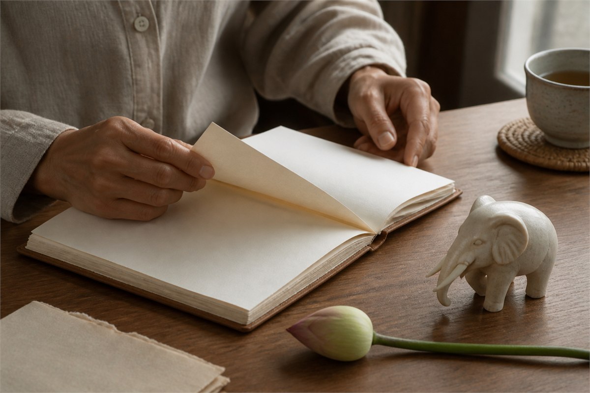 Hands turning a blank journal page beside a small elephant sculpture and lotus bud