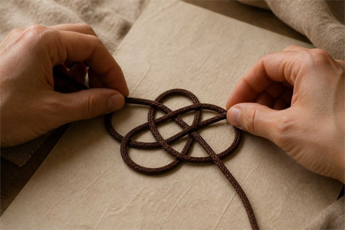 Two hands weaving one continuous brown cord into an interlaced pattern on handmade paper.