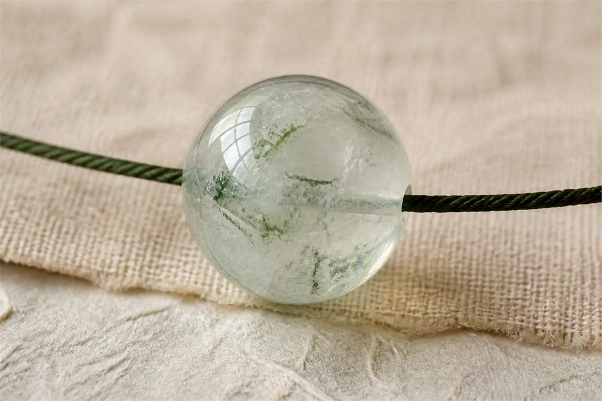 Macro view of a translucent round bead with irregular green flakes and veils