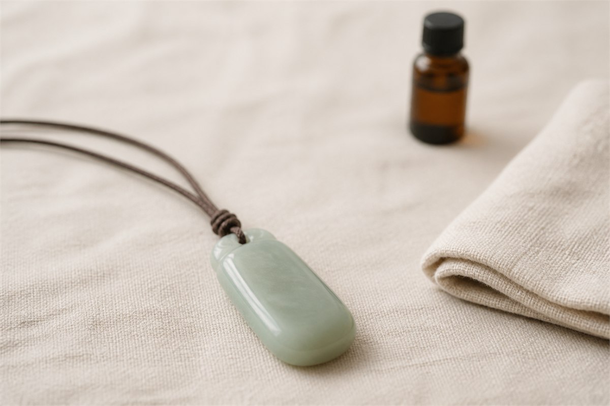 A clean nephrite pendant and folded dry cloth rest in the foreground while a closed oil bottle remains far behind.