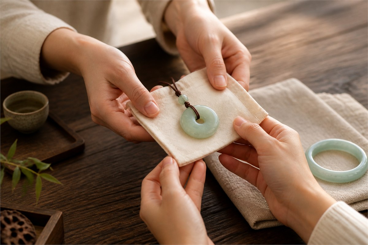 Two adults exchanging a creamy nephrite disc pendant on an ivory pouch with a pale green jade bangle nearby