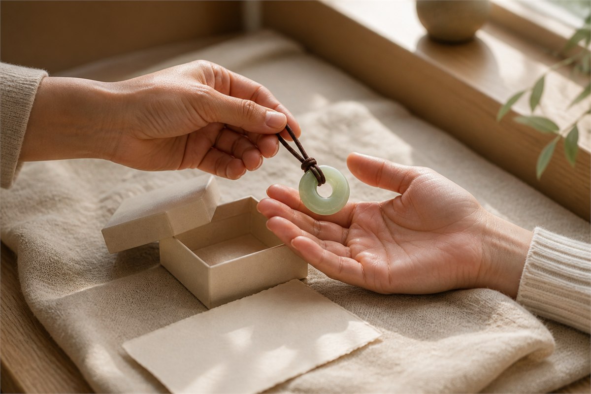 One pair of hands offers a plain pale nephrite pendant to another beside a neutral gift box.