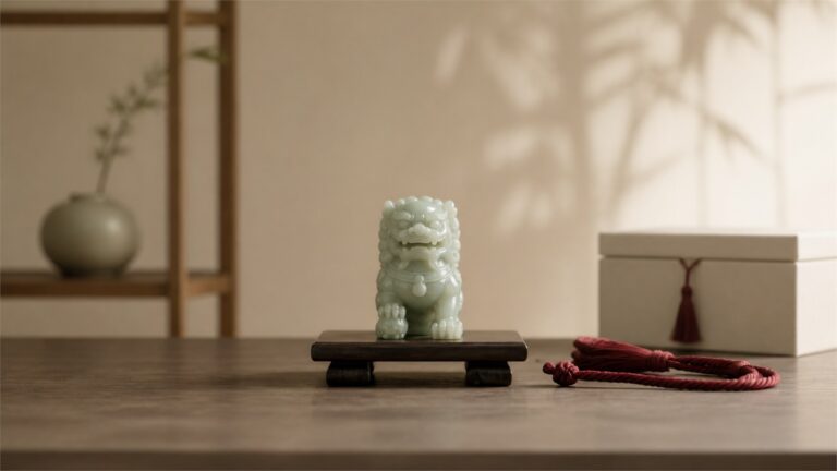 Pale jade guardian lion centered on a walnut stand in a warm peaceful home setting