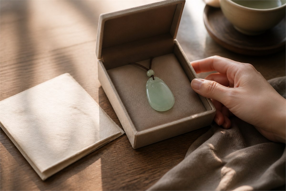 A well-cared-for jade pendant rests in an open neutral keepsake box beside a blank note and soft cloth.