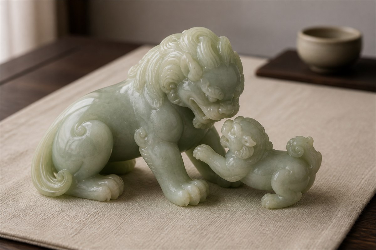 Pale jade carving of one large lion bending toward a smaller playful cub on ivory linen