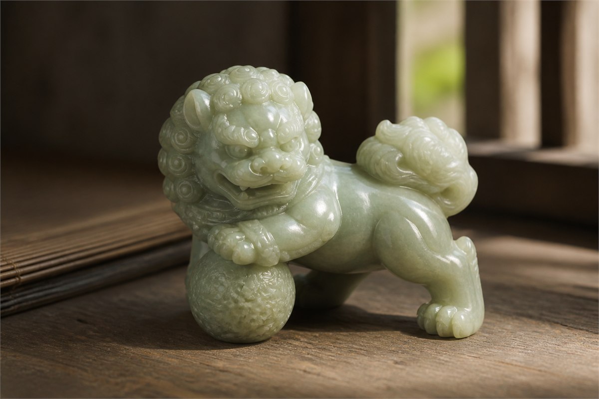 Pale jade lion carving with one paw on a rounded carved brocade ball