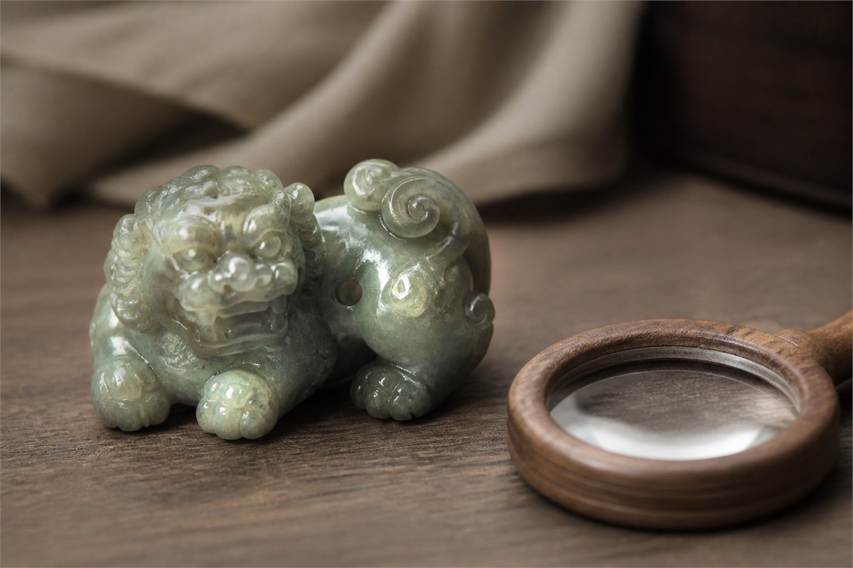 Close jade lion carving details beside a simple wooden magnifying glass