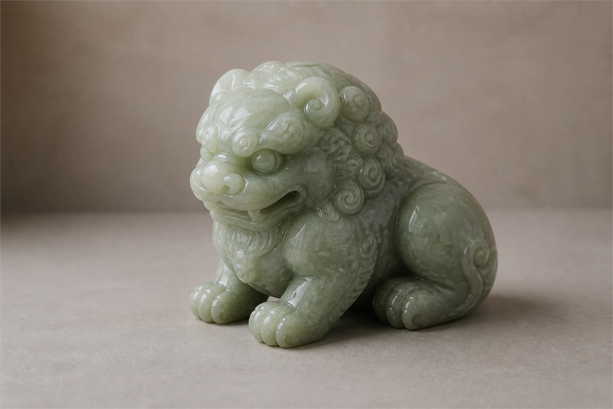 Close view of a pale jade lion with broad feline face curled mane and strong paws