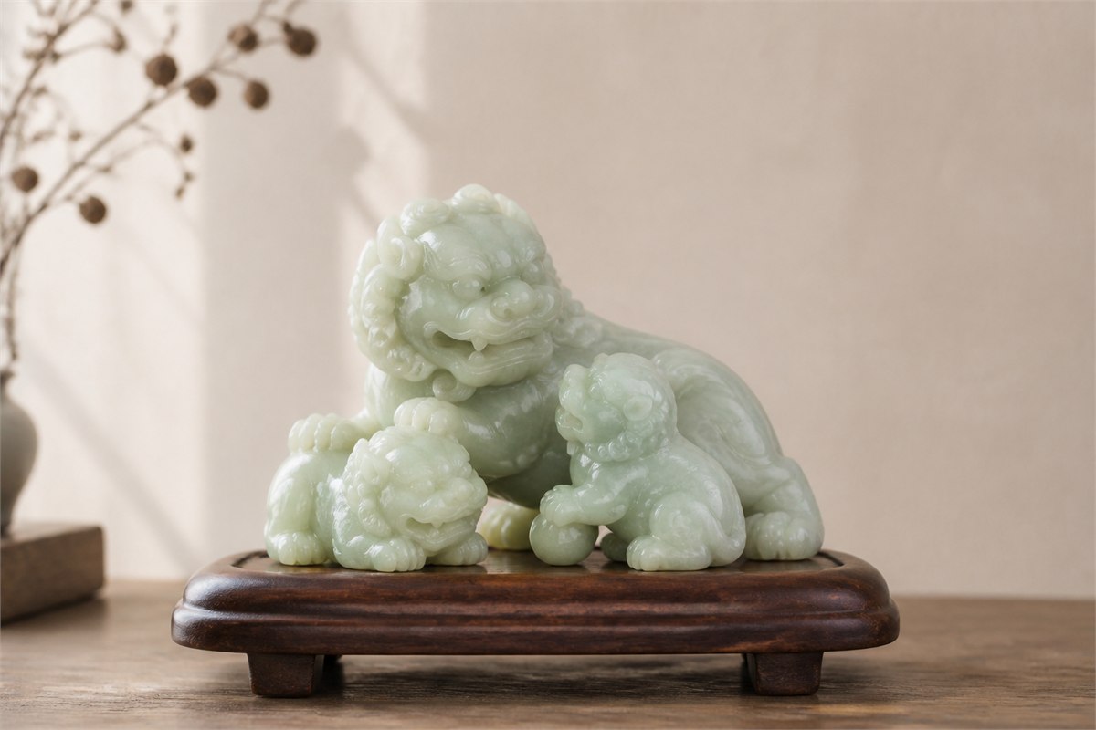 Adult pale jade guardian lion with two playful cubs on a low wooden stand