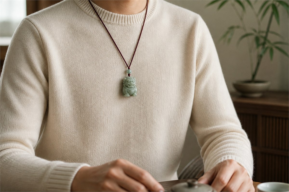 Small pale jade lion pendant worn securely on a dark red cord over cream knitwear