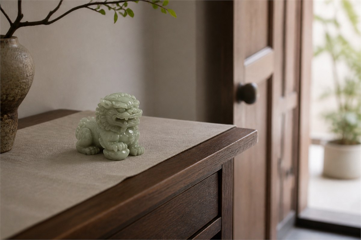 Small pale jade guardian lion displayed on a warm wooden entry console