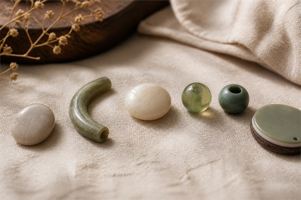 Separate pale quartzite, green serpentine, creamy calcite, translucent glass, matte resin, and layered composite jewelry samples