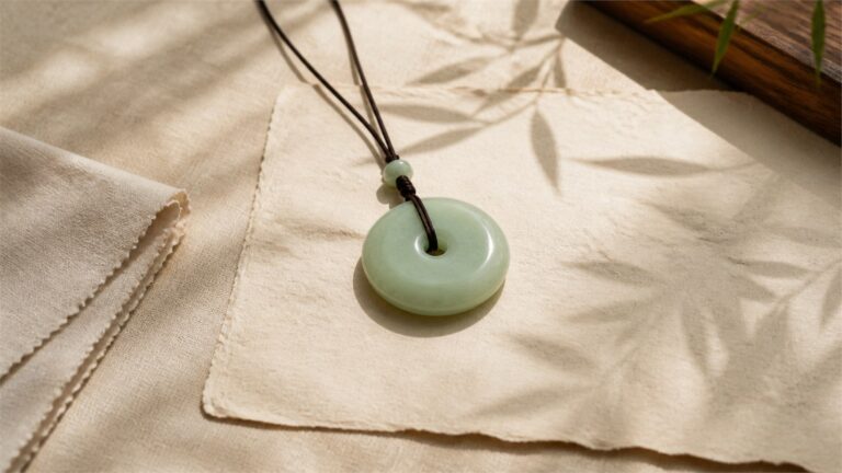 A creamy celadon jade disc pendant rests on warm ivory paper and linen in soft bamboo-shadowed light.