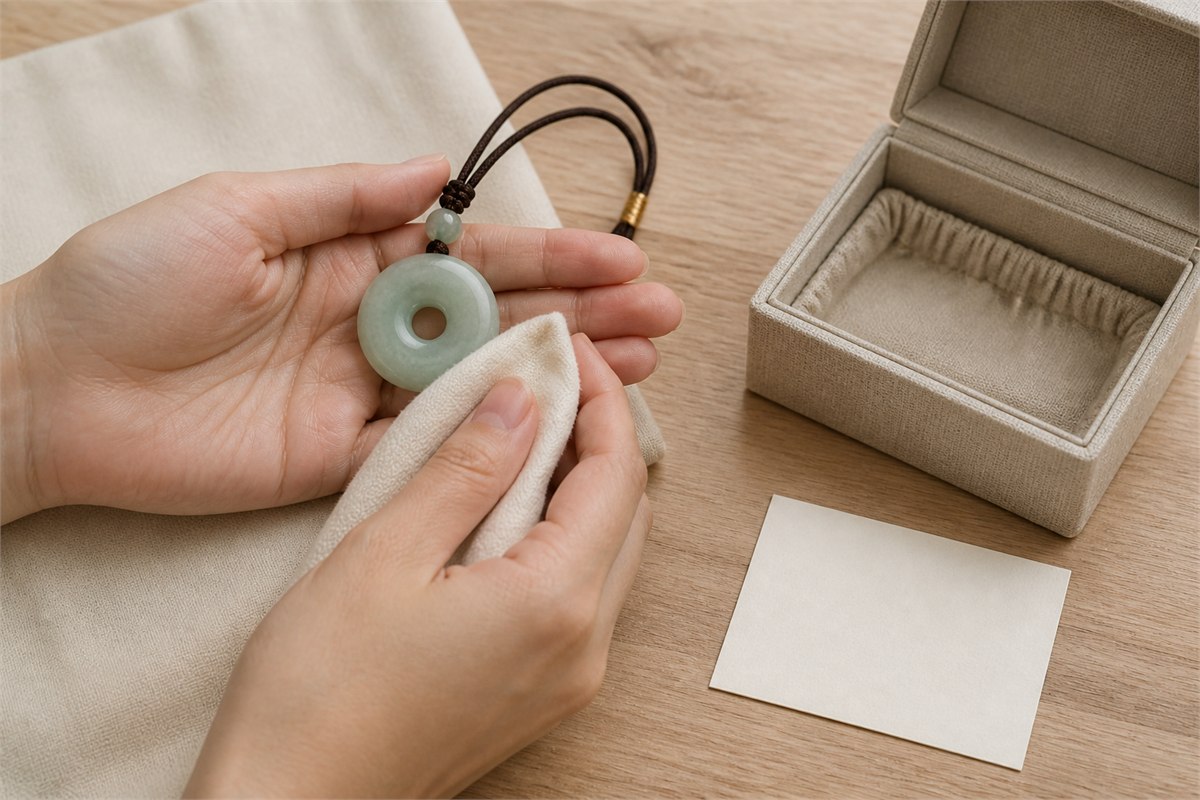 Hands wiping an uninscribed pale jade pendant with a soft dry cloth beside a fabric-lined box and blank card