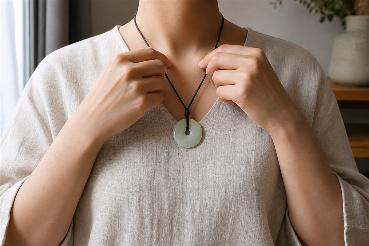An adult in an oatmeal linen top fastens a simple nephrite disc pendant on a dark cord.