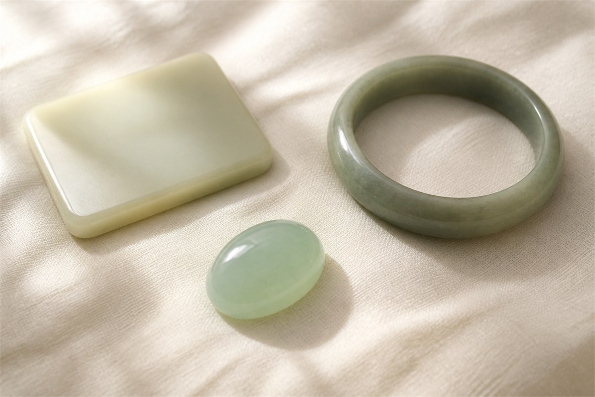 Creamy nephrite, pale green jadeite, and muted green serpentine jade pieces show different polished surfaces in side light.
