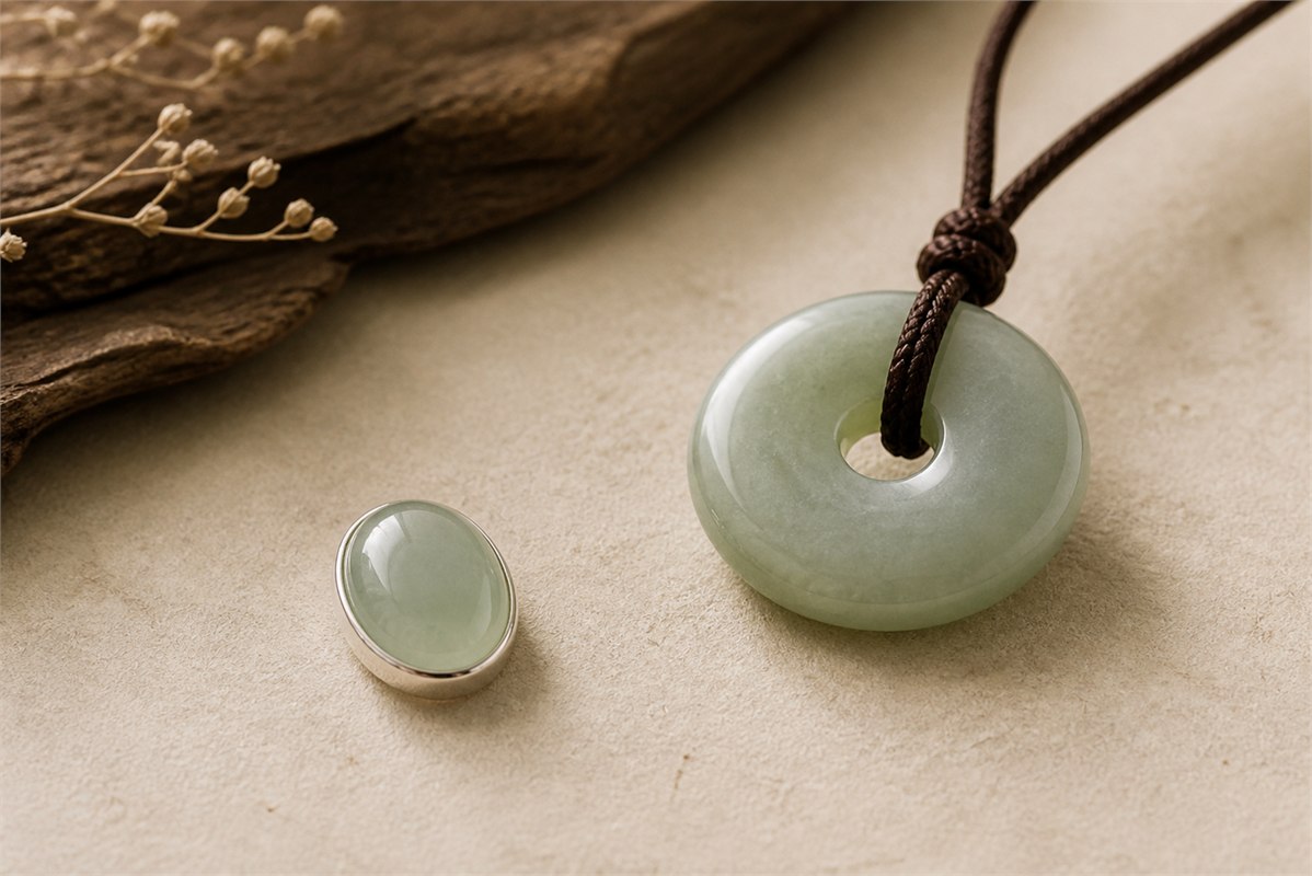 Pale green jadeite oval in a silver bezel beside a creamy celadon nephrite disc pendant on brown cord