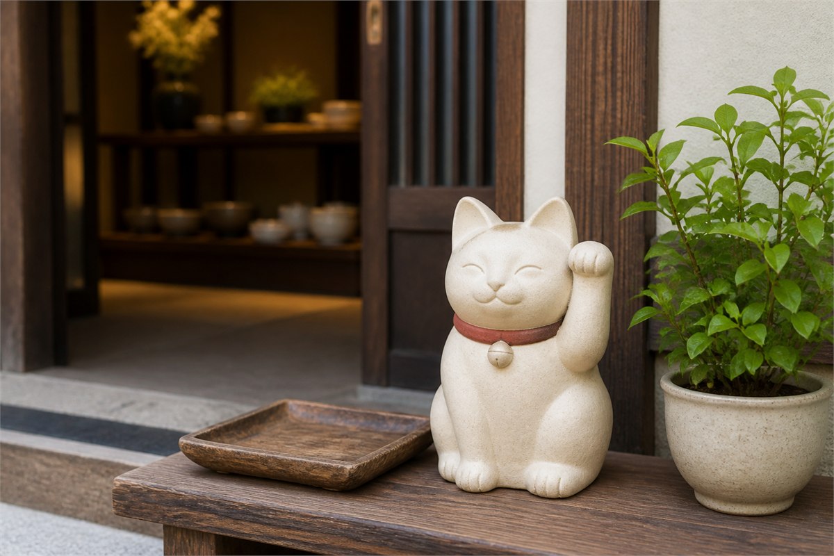 Ivory ceramic beckoning cat with one raised paw beside a wooden tray and green plant