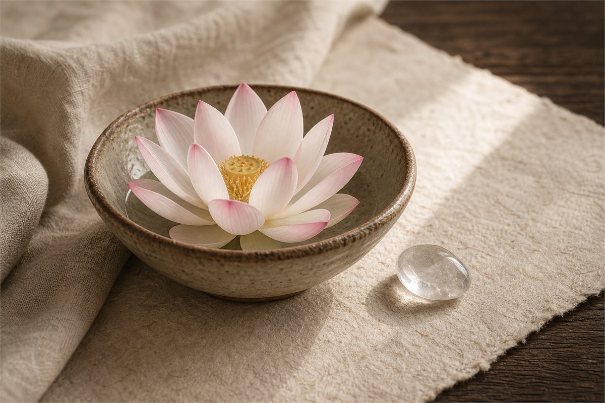 Pale lotus in a handmade ceramic bowl beside a clear polished stone on neutral linen