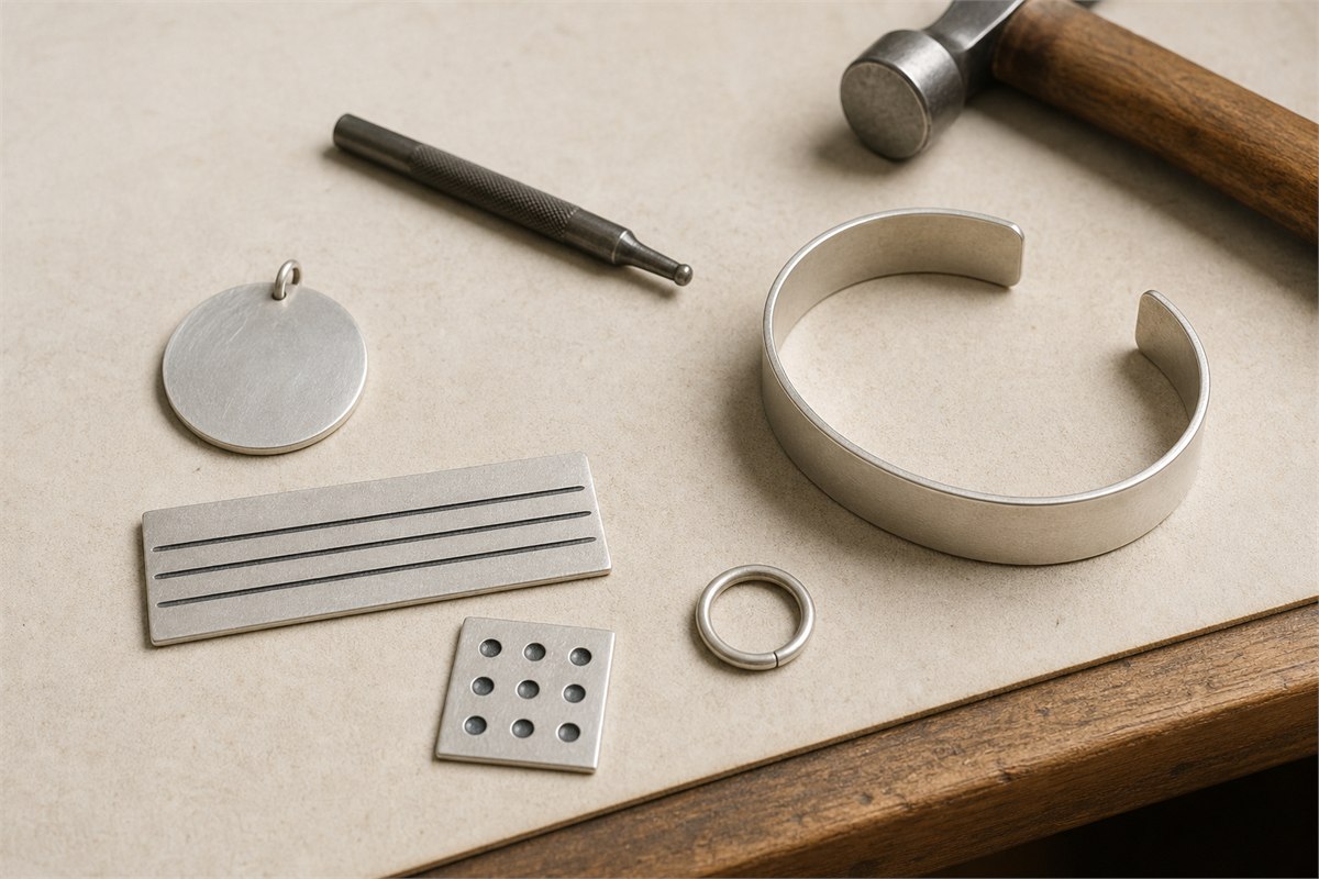 Plain jewelry blanks, line and dot practice plates, jump ring, chasing punch, and jeweler hammer