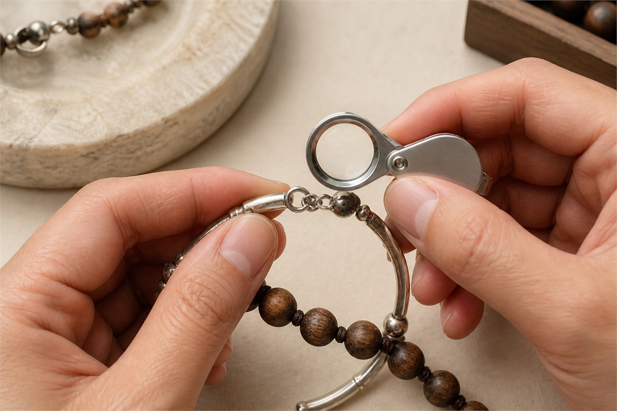 Hands using a loupe to inspect a bracelet clasp, jump ring, cord, and wooden beads