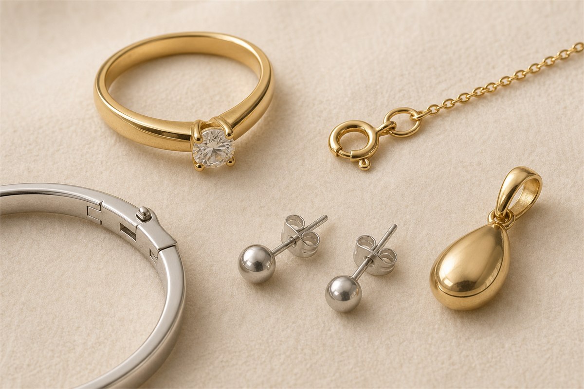 Gold and silver rings, chain clasp, hinged bangle, earring post, and prong setting shown in close detail