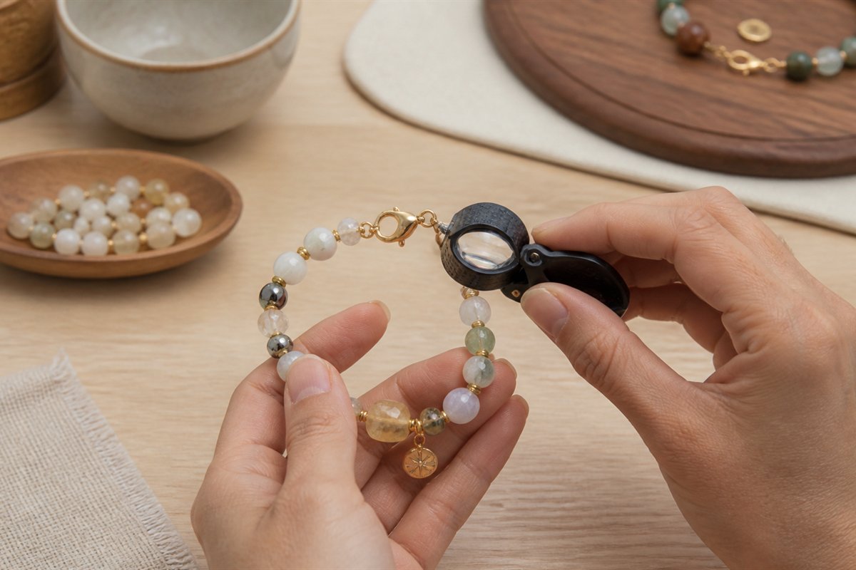 Jewelry loupe beside beads, clasps, cord, prongs, and a small tray on a clean workbench.