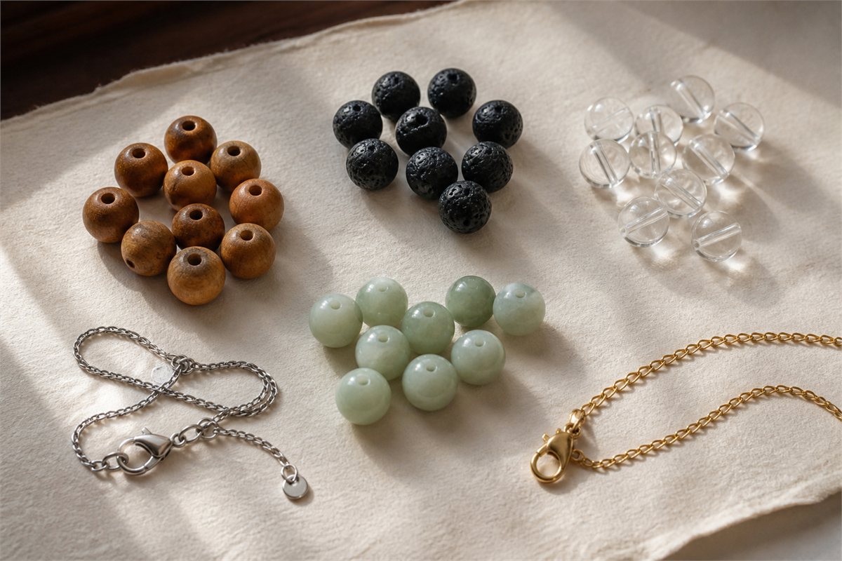 Separate wood, volcanic glass, clear glass, pale green stone beads, and metal chains