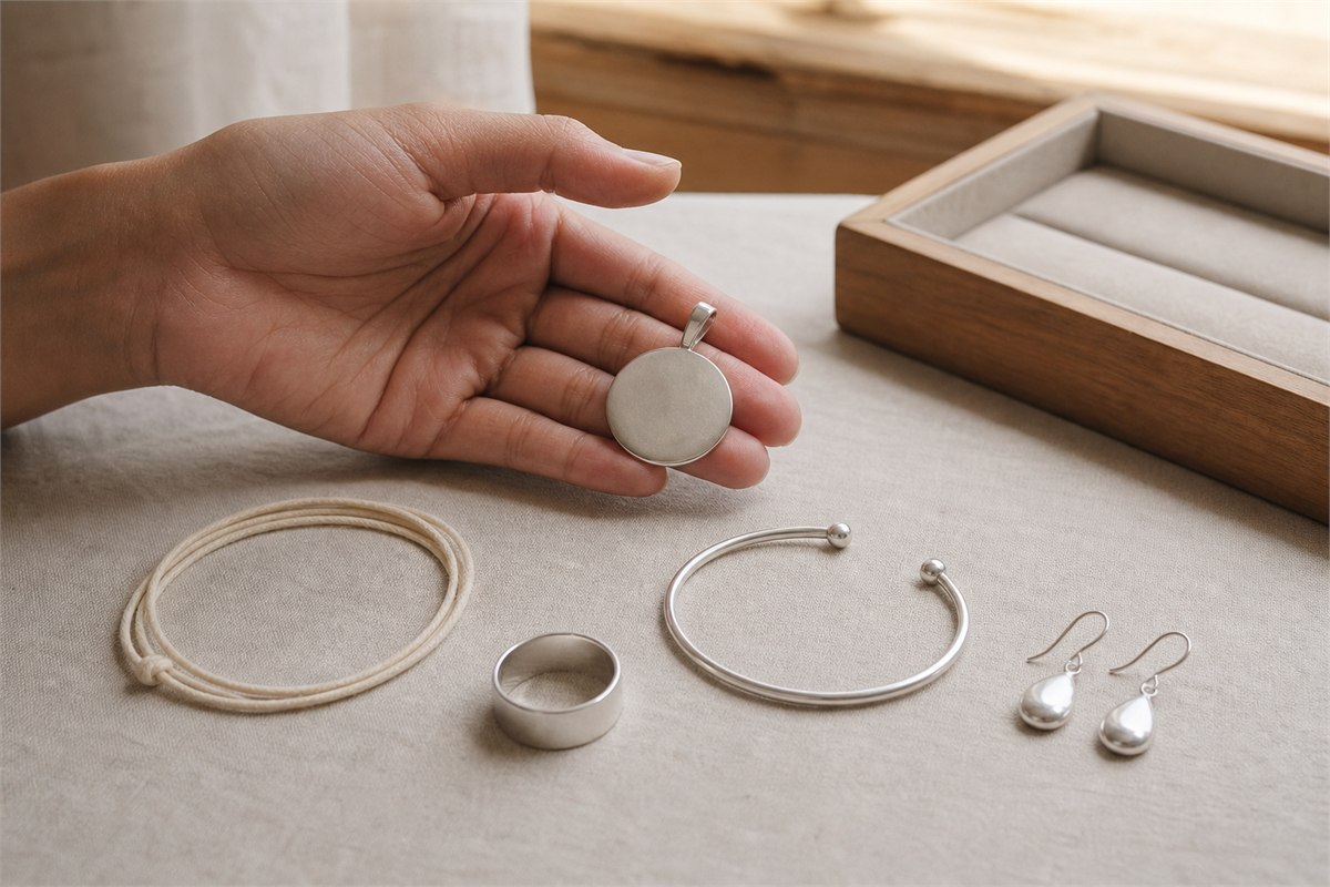 Hand holding a plain pendant beside a rounded cuff, ring, earrings, and unmarked sizing cord