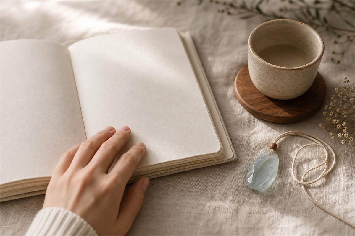 Open cream journal beside a pale aquamarine pendant and ceramic cup in natural light