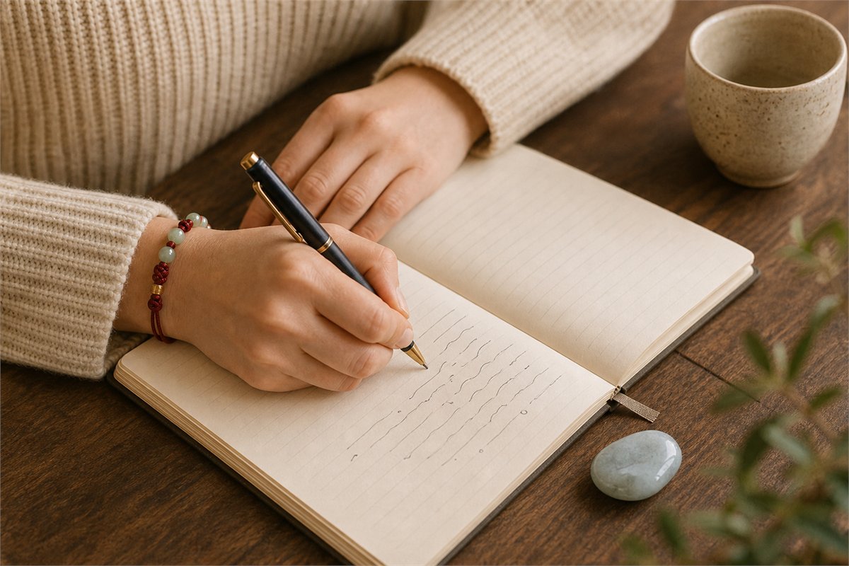 Hands writing abstract lines in a cream journal beside a pale blue stone and ceramic cup