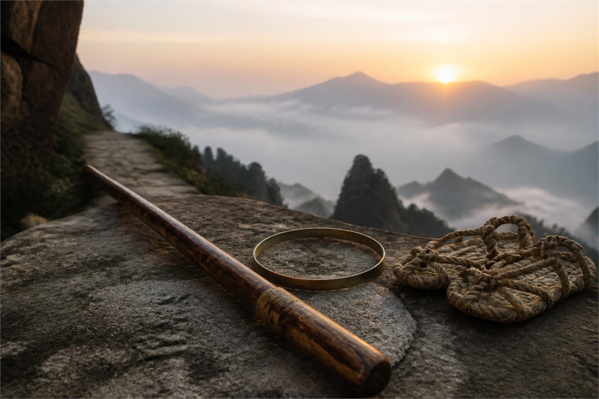 Plain metal circlet, wooden staff, and travel sandals rest on a mountain ledge at dawn