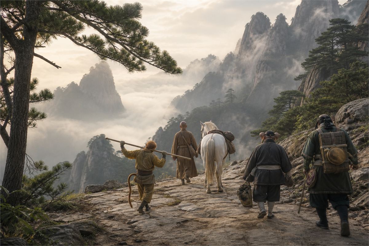 Monk, monkey companion, pig-featured traveler, sturdy companion, and white horse cross a mountain path