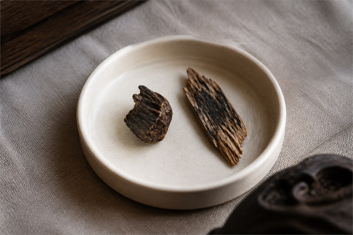 Small dark resin-rich agarwood sample beside a lighter resin-streaked chip in a pale ceramic dish
